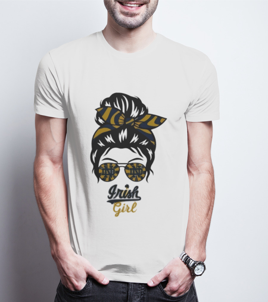 Notre Dame Irish Girl Messy Bun ND Glasses Bow T-Shirt