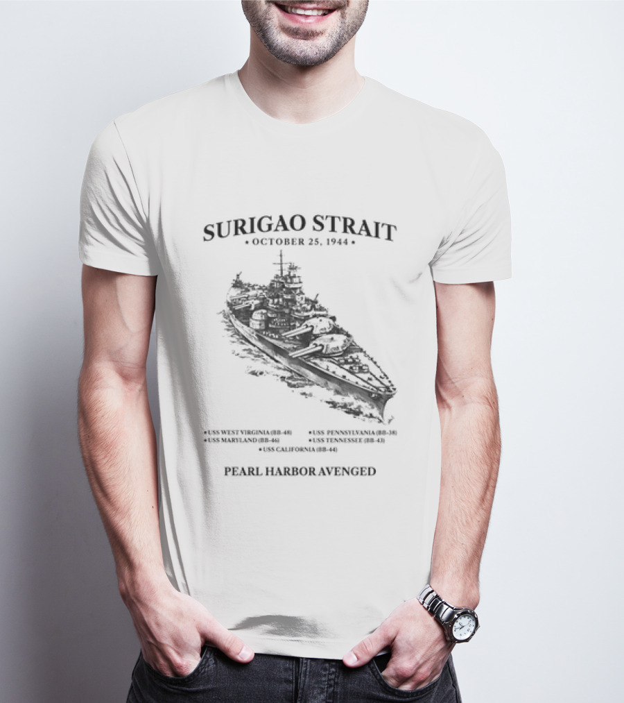 Surigao Strait October 25 1944 Pearl Harbor Avenged Naval Battleship Historic Event T-Shirt
