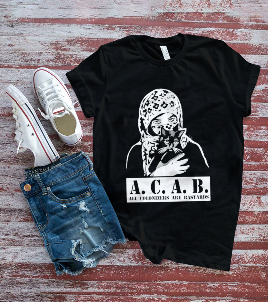 A.C.A.B. All Colonizers Are Bastards Protest Image With Floral Hijab Woman And Cat T-Shirt