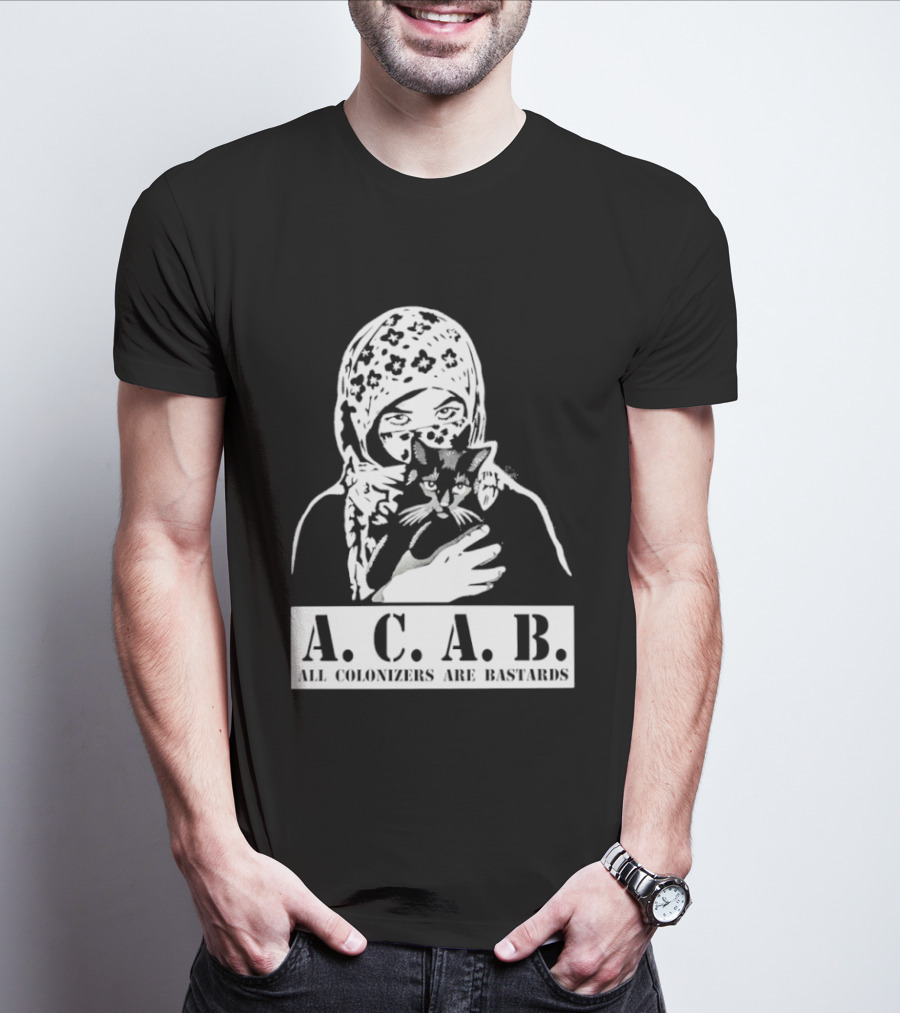 A.C.A.B. All Colonizers Are Bastards Protest Image With Floral Hijab Woman And Cat T-Shirt