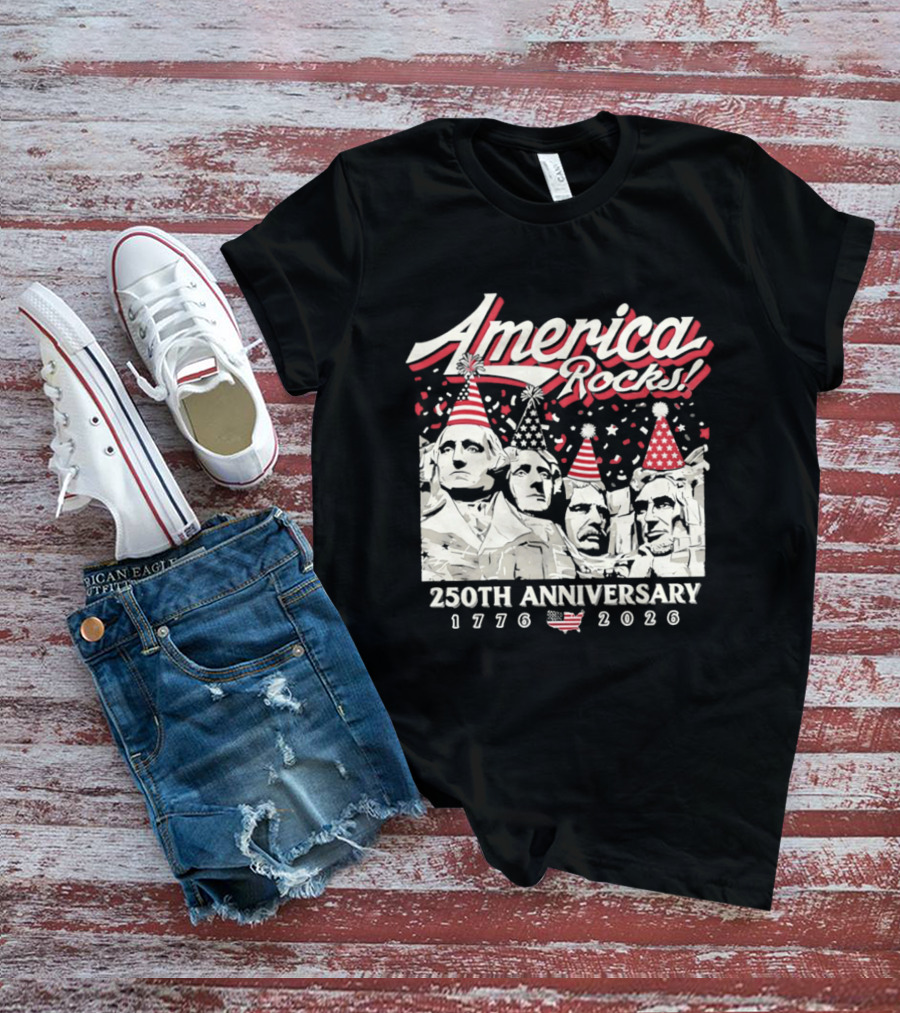 America Rocks 250th Anniversary 1776 2026 Mount Rushmore Party Hats T-Shirt