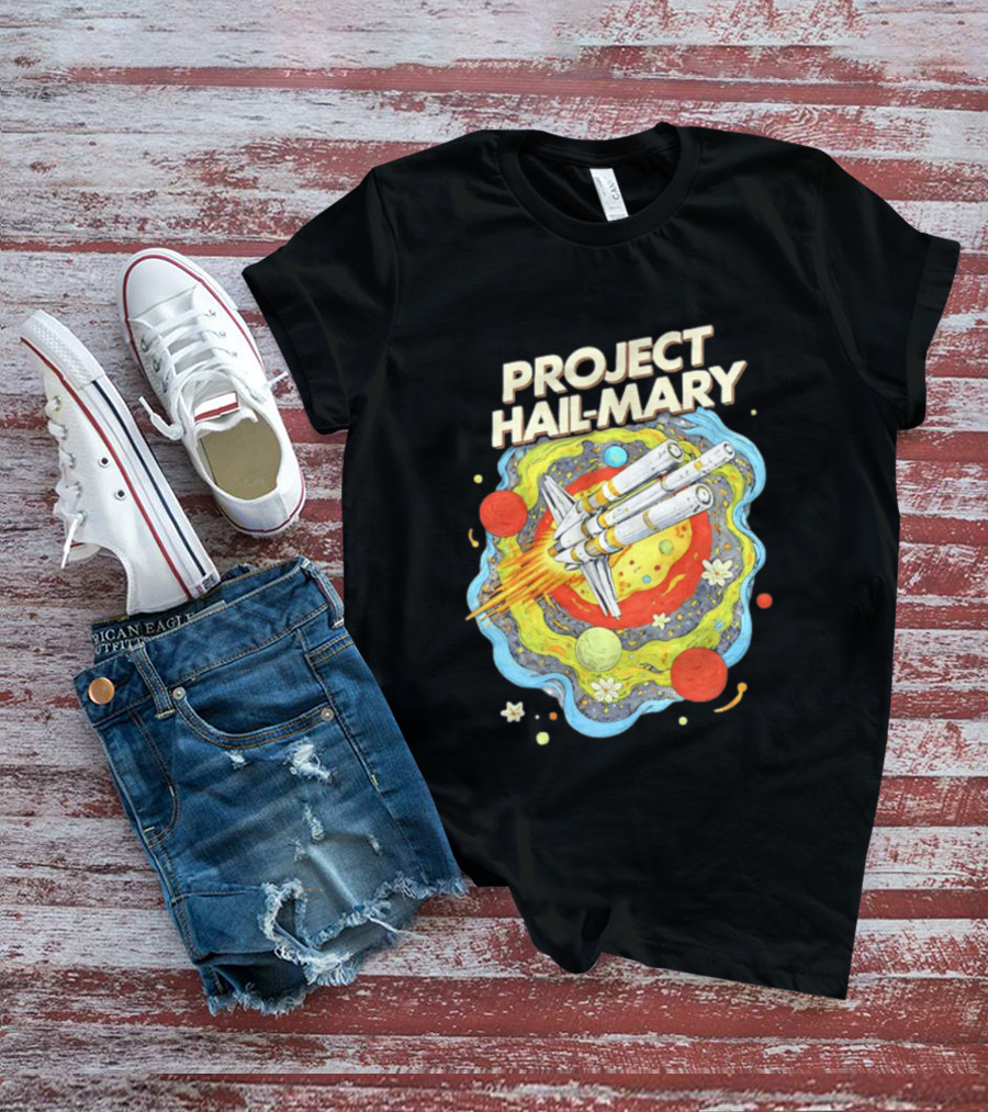 Project Hail Mary Rocket Launching Through Colorful Space Planets T-Shirt