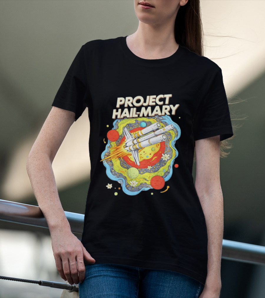 Project Hail Mary Rocket Launching Through Colorful Space Planets T-Shirt