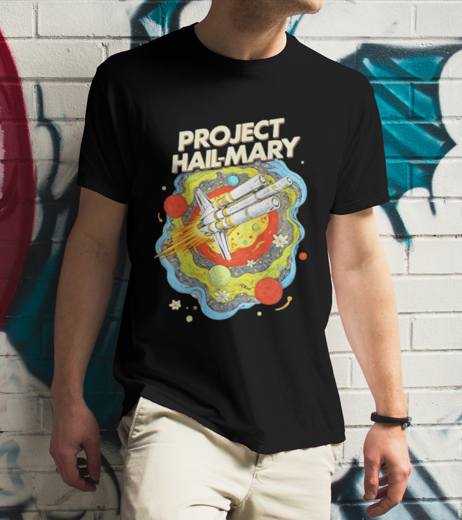 Project Hail Mary Rocket Launching Through Colorful Space Planets T-Shirt