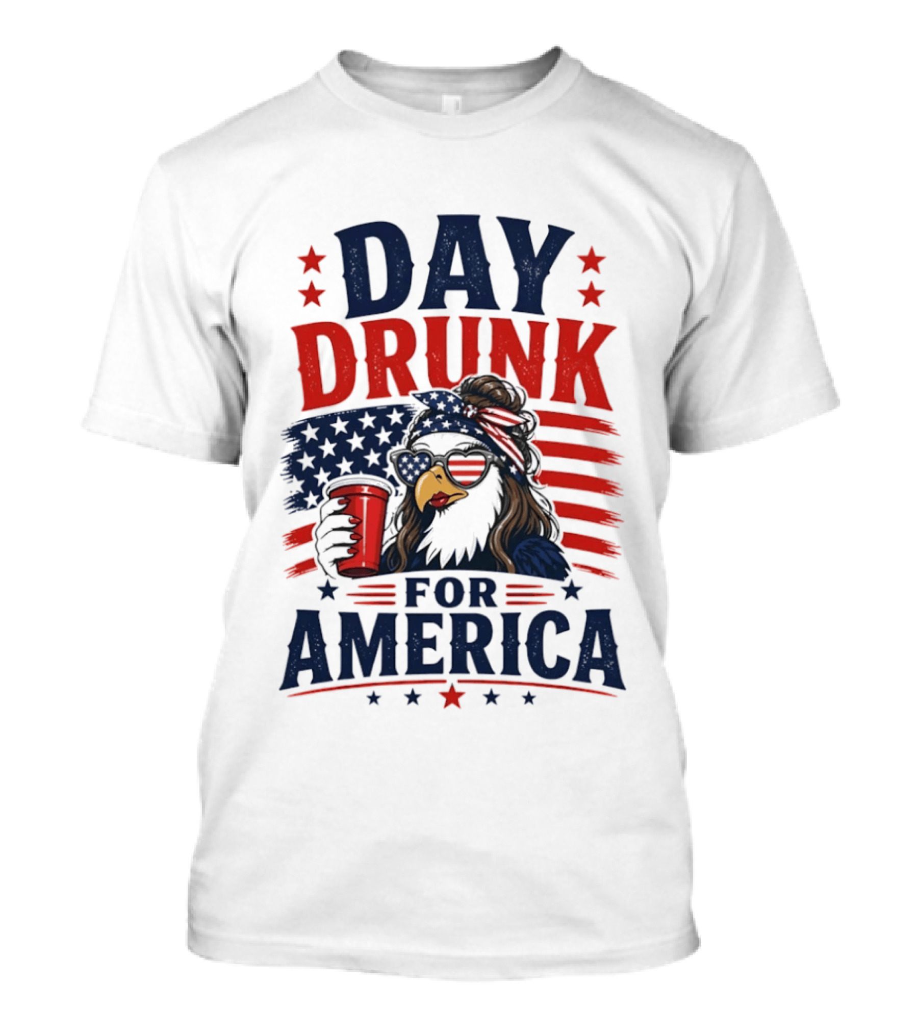Day Drunk For America Patriotic Eagle With Flag And Red Cup T-Shirt