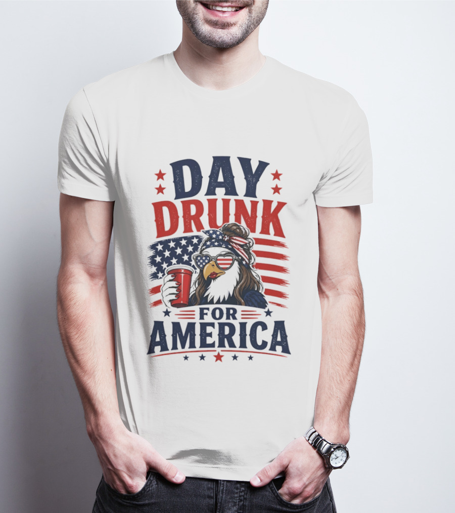 Day Drunk For America Patriotic Eagle With Flag And Red Cup T-Shirt