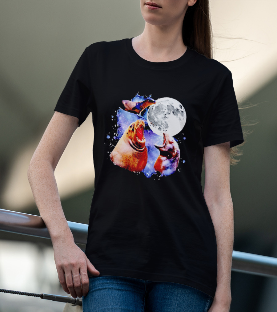 Sea Lion Trio Howling At The Moon In Outer Space Scene T-Shirt