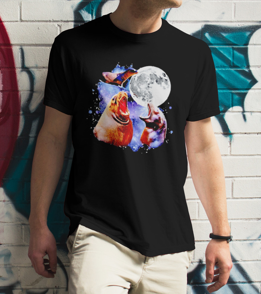 Sea Lion Trio Howling At The Moon In Outer Space Scene T-Shirt