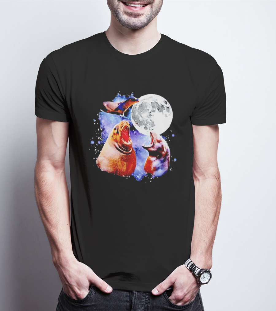Sea Lion Trio Howling At The Moon In Outer Space Scene T-Shirt