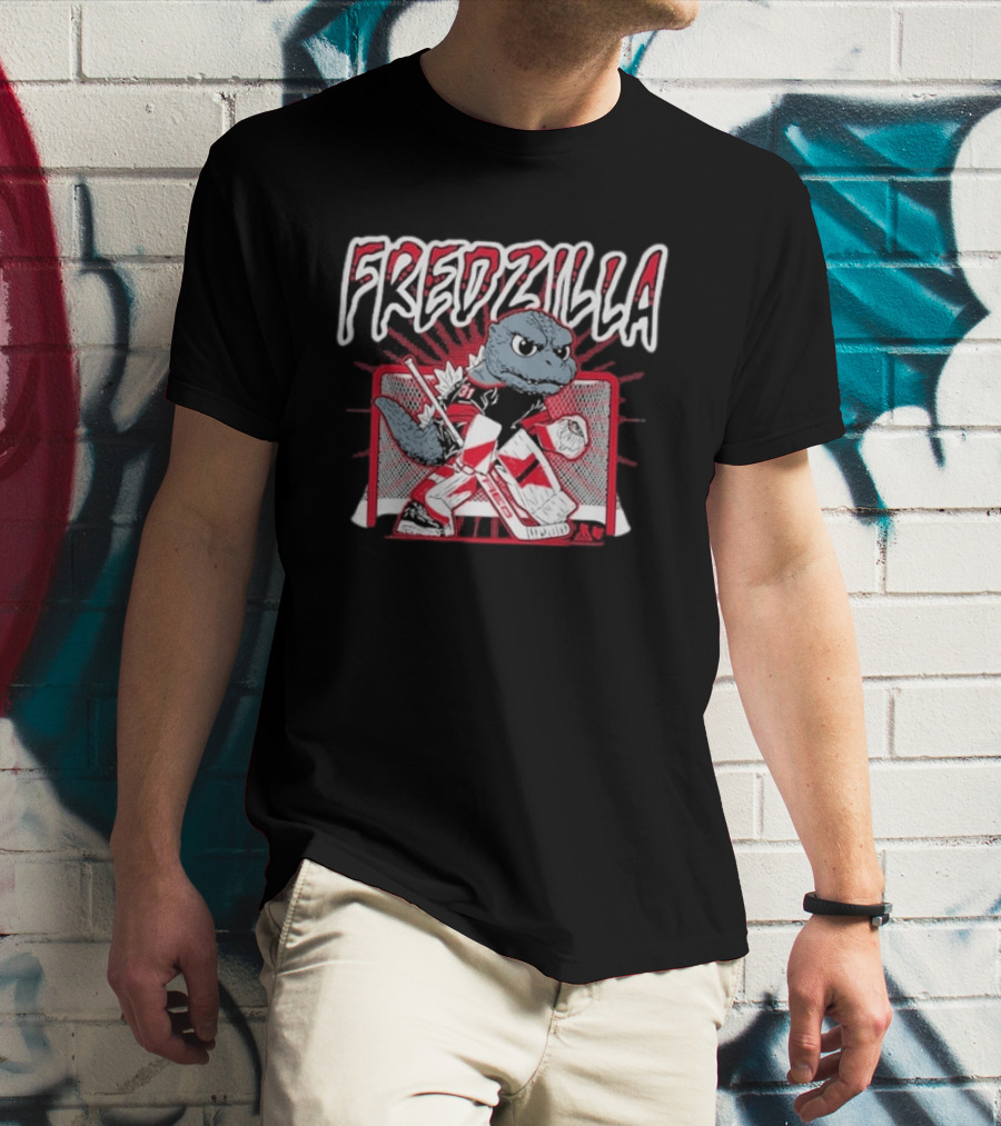 FredZilla Hockey Goalie Monster Art With Equipment And Net T-Shirt