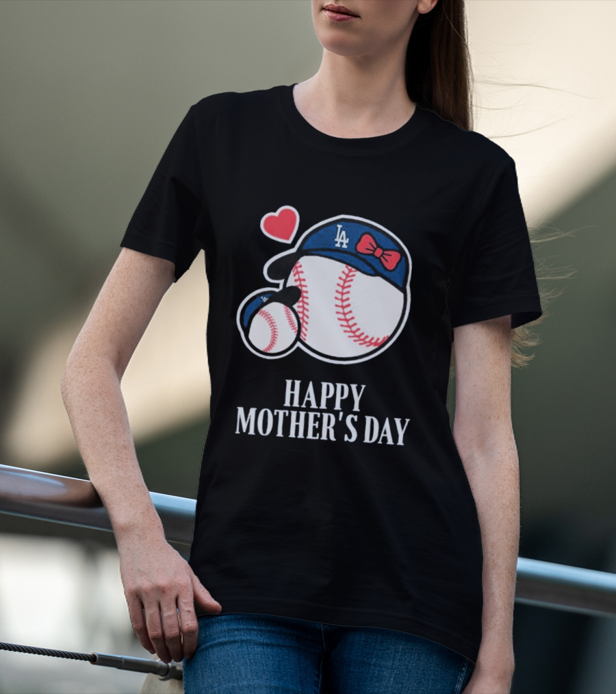 Happy Mother's Day 2026 LA Baseball Red Bow Heart T-Shirt
