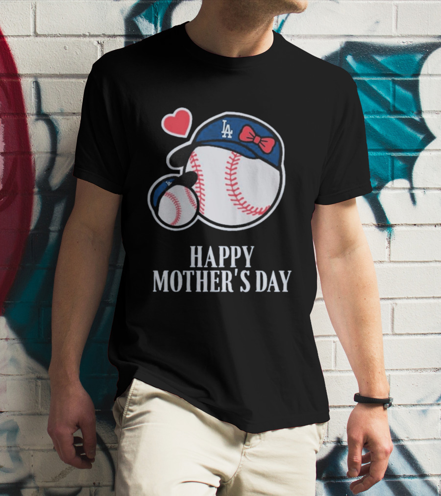 Happy Mother's Day 2026 LA Baseball Red Bow Heart T-Shirt