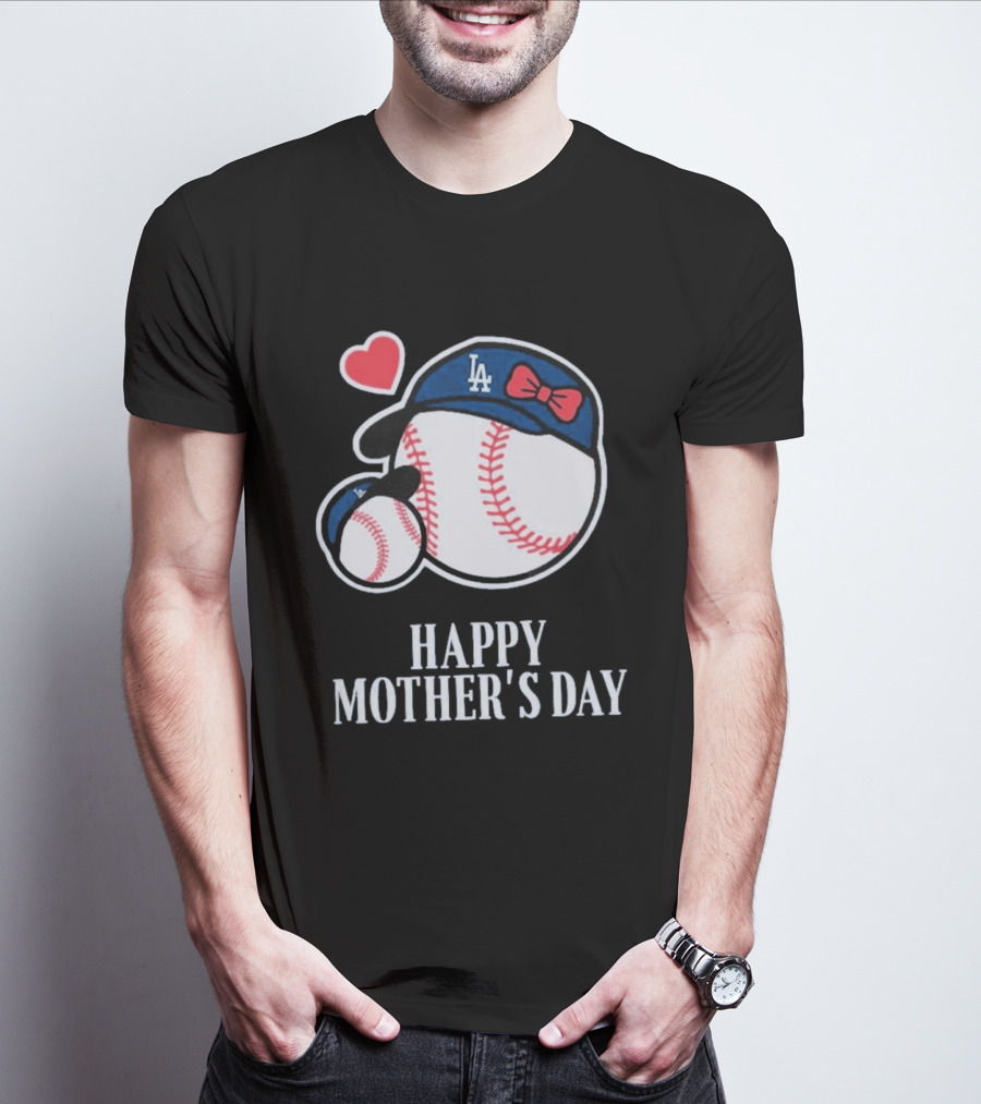 Happy Mother's Day 2026 LA Baseball Red Bow Heart T-Shirt