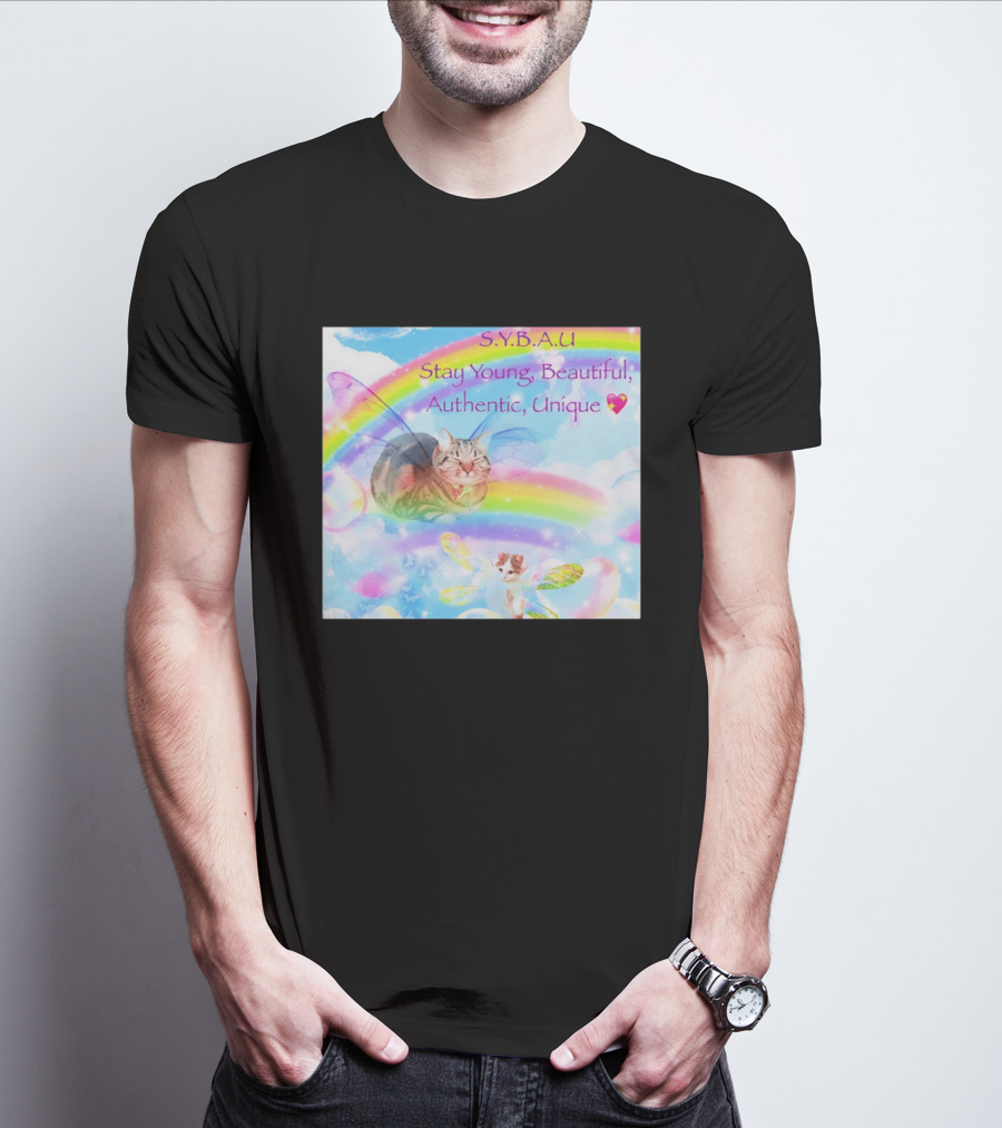 S.Y.B.A.U Stay Young Beautiful Authentic Unique Cat Rainbow Wings T-Shirt