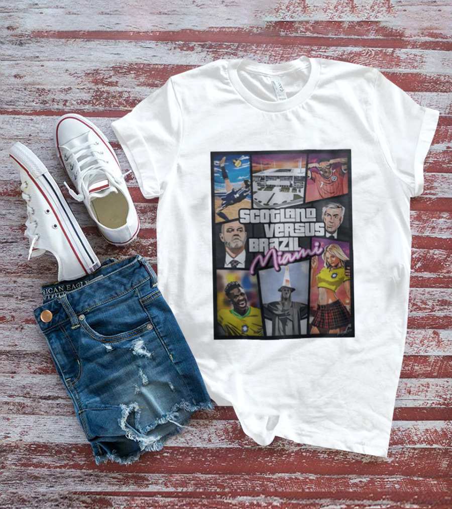Scotland Versus Brazil Miami Comic Style Soccer Matchup T-Shirt