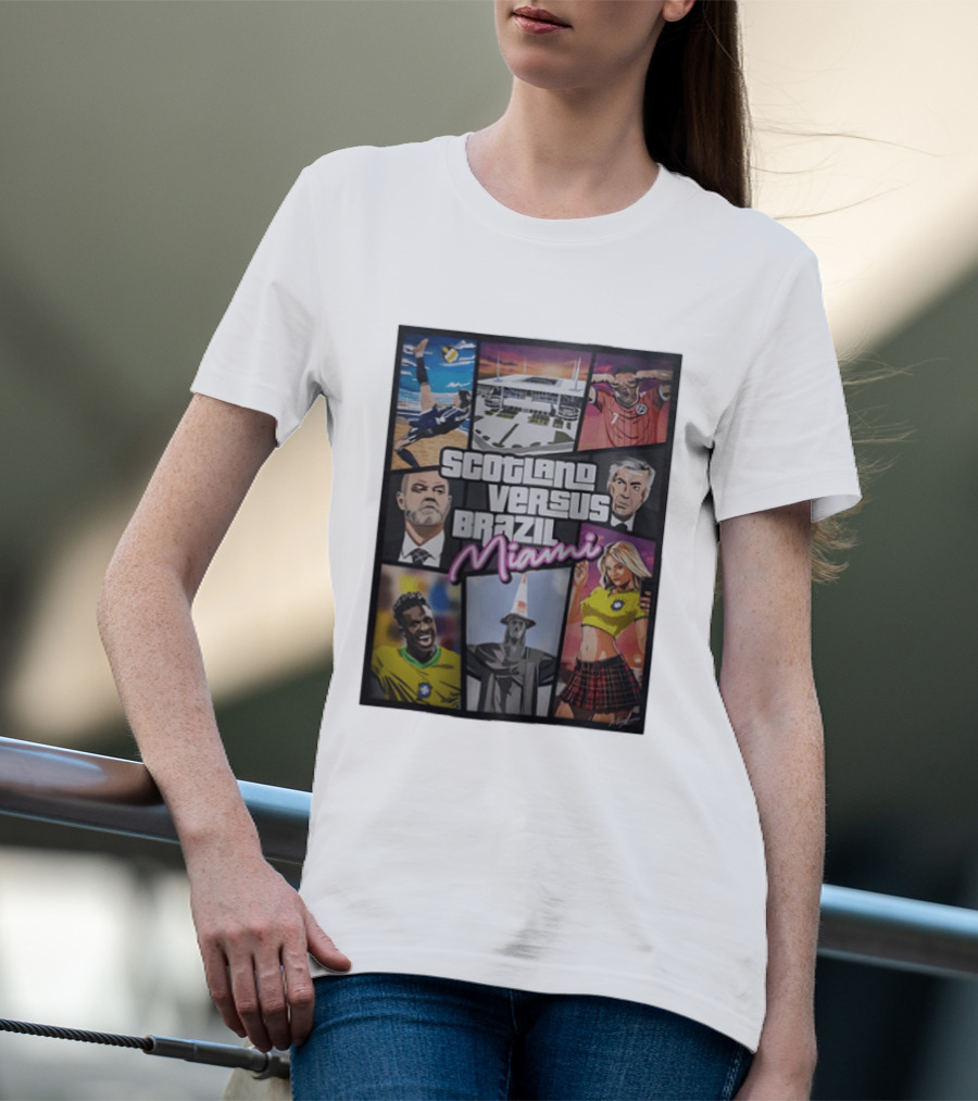 Scotland Versus Brazil Miami Comic Style Soccer Matchup T-Shirt