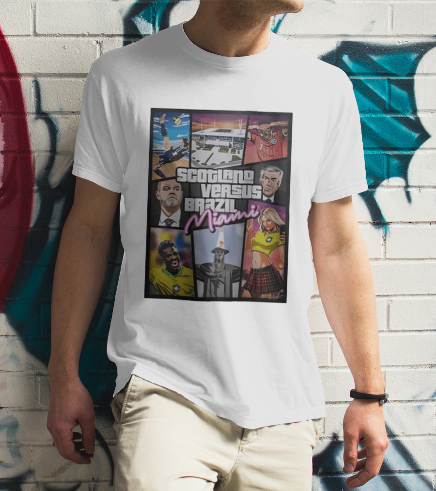 Scotland Versus Brazil Miami Comic Style Soccer Matchup T-Shirt