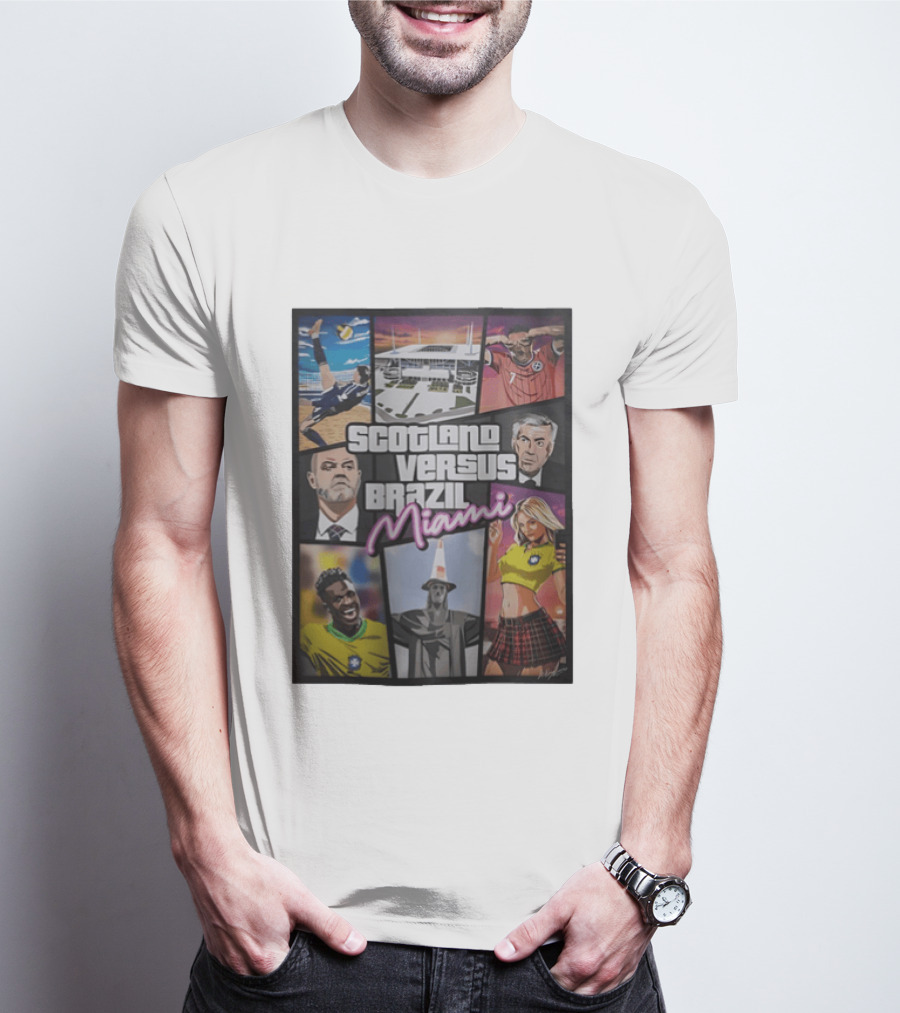 Scotland Versus Brazil Miami Comic Style Soccer Matchup T-Shirt