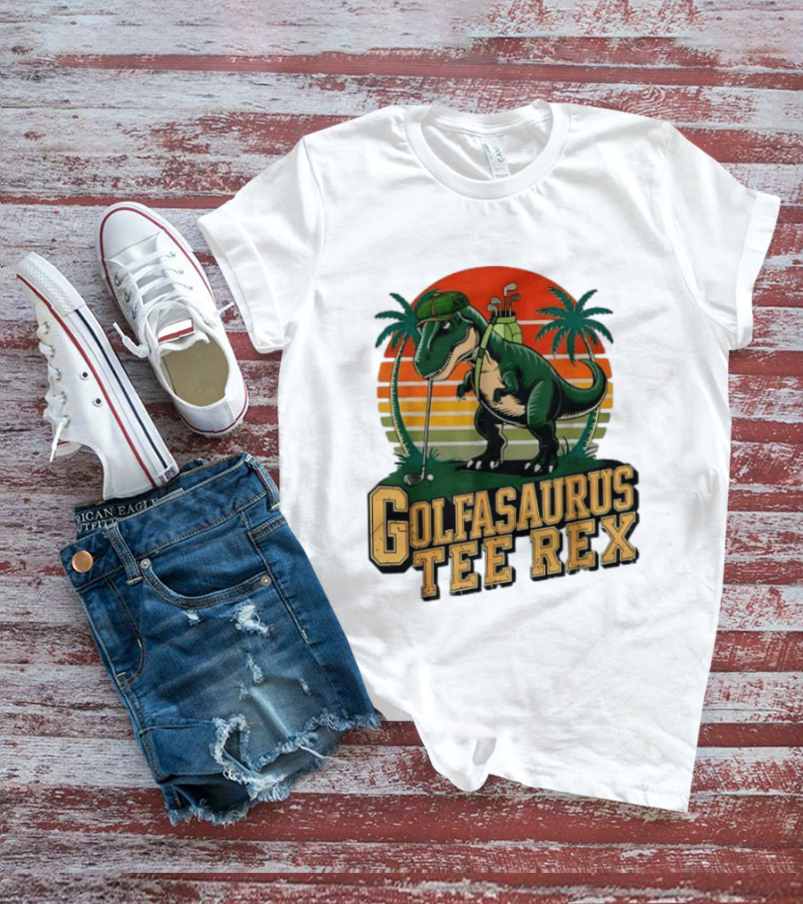 Golfasaurus Rex Rex Dinosaur Playing Golf Sunset Palm Trees T-Shirt