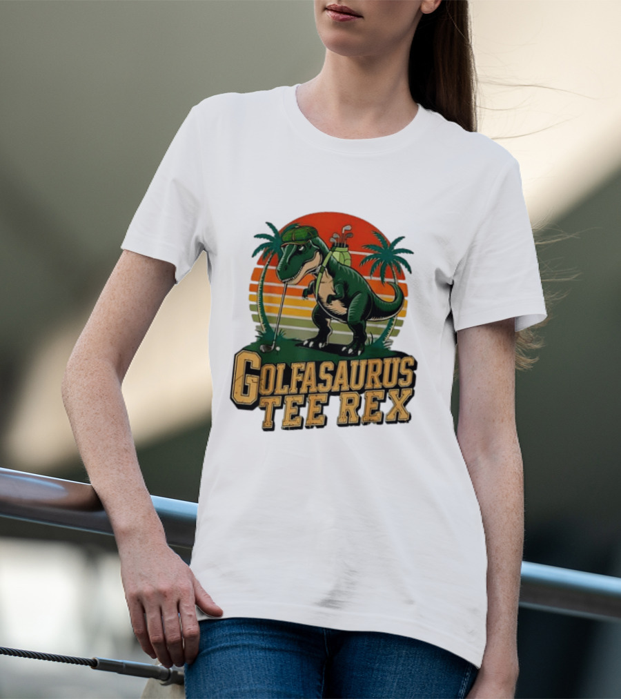 Golfasaurus Rex Rex Dinosaur Playing Golf Sunset Palm Trees T-Shirt