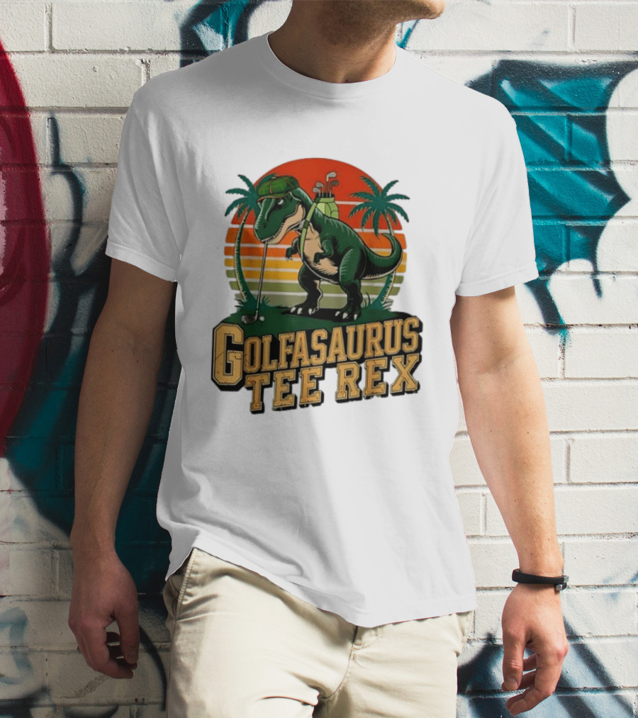 Golfasaurus Rex Rex Dinosaur Playing Golf Sunset Palm Trees T-Shirt