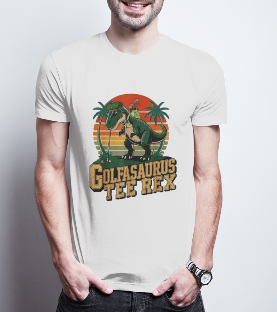 Golfasaurus Rex Rex Dinosaur Playing Golf Sunset Palm Trees T-Shirt