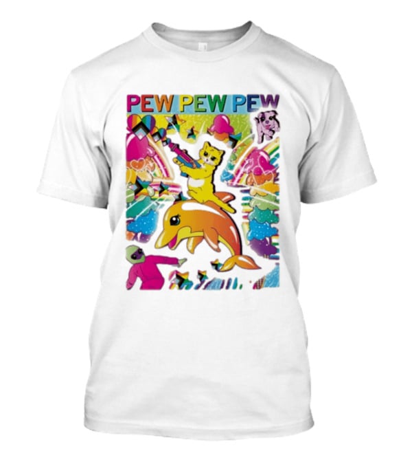 Pew Pew Pew Colorful Cat Dolphin Alien Rainbow T-Shirt