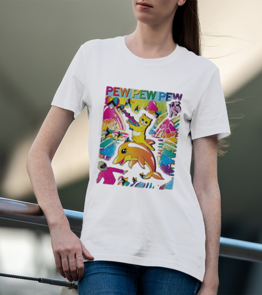 Pew Pew Pew Colorful Cat Dolphin Alien Rainbow T-Shirt