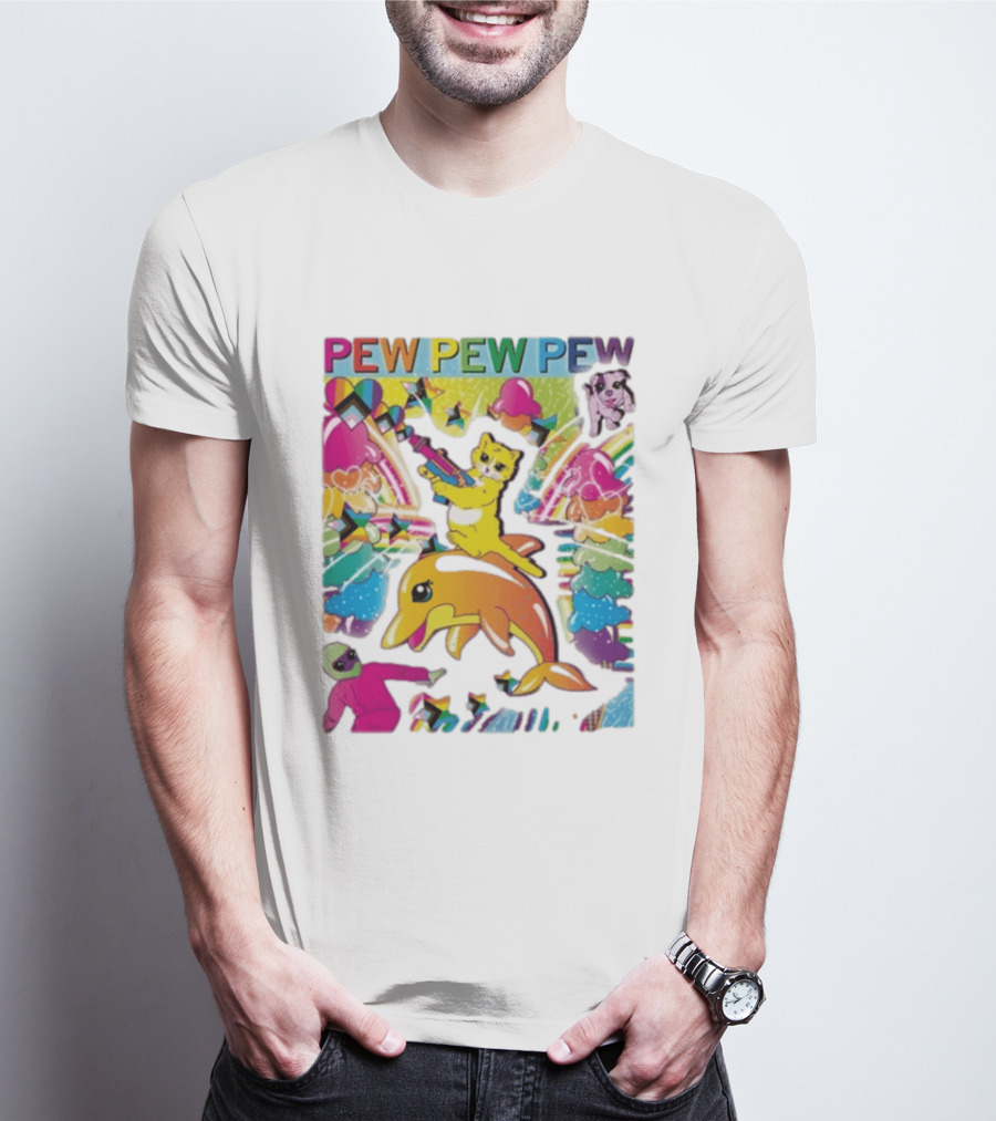 Pew Pew Pew Colorful Cat Dolphin Alien Rainbow T-Shirt