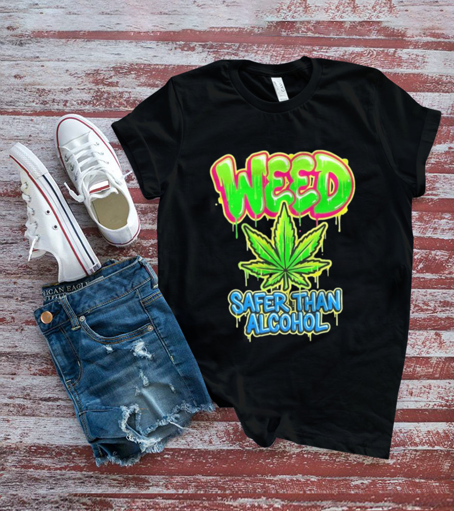 Weed Safer Than Alcohol Leaf Bright Graffiti T-Shirt