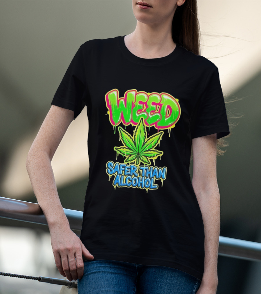 Weed Safer Than Alcohol Leaf Bright Graffiti T-Shirt