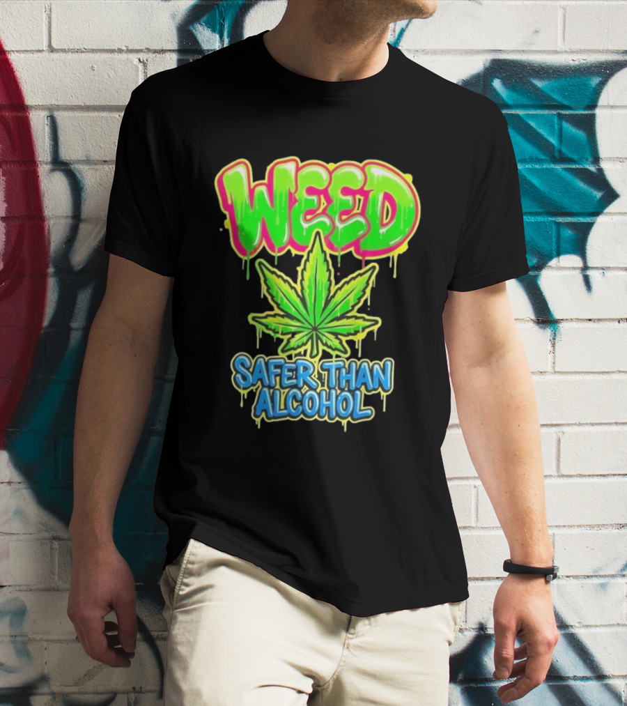 Weed Safer Than Alcohol Leaf Bright Graffiti T-Shirt