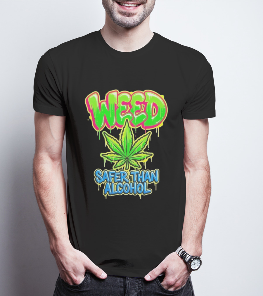Weed Safer Than Alcohol Leaf Bright Graffiti T-Shirt