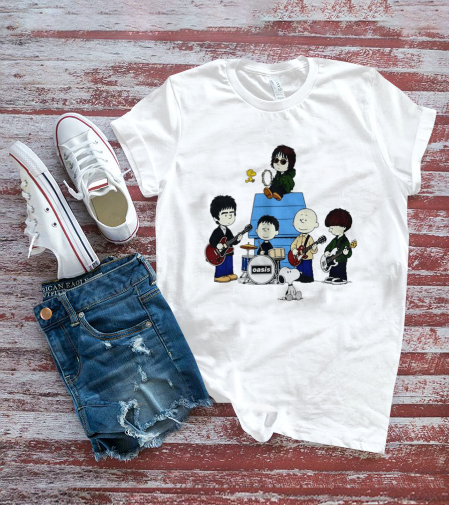 Snoopy Peanuts Oasis Band Cartoon Woodstock Drums Guitars T-Shirt