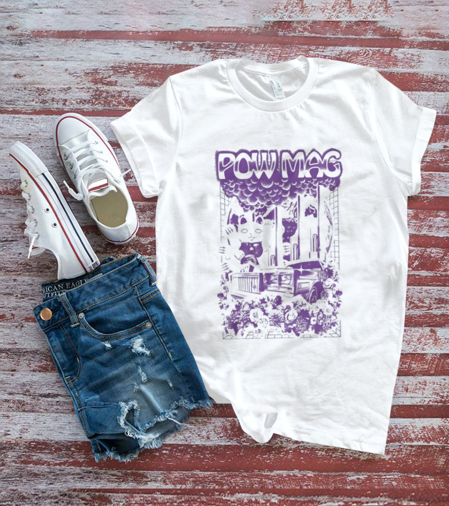 Powell Mag Cat Skateboarding Graphic With Floral Accents T-Shirt