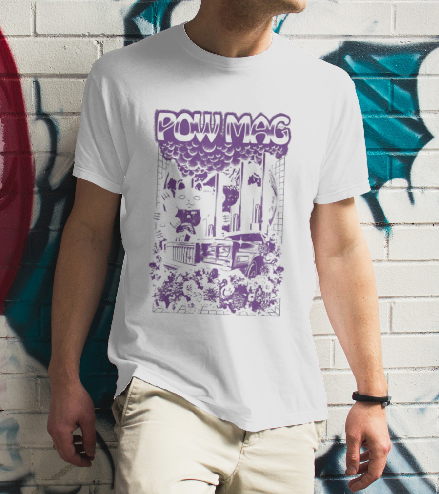 Powell Mag Cat Skateboarding Graphic With Floral Accents T-Shirt