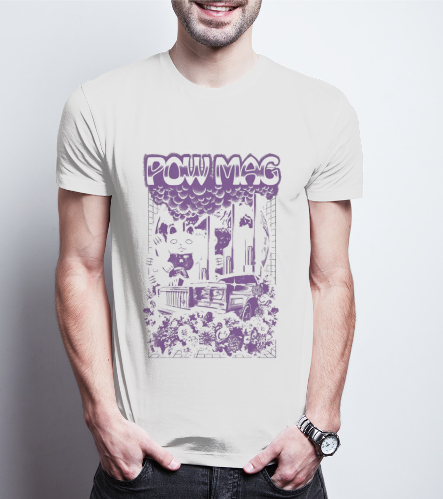 Powell Mag Cat Skateboarding Graphic With Floral Accents T-Shirt