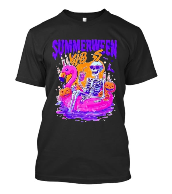 Summerween Vibes Skeleton On Flamingo With Pumpkins T-Shirt
