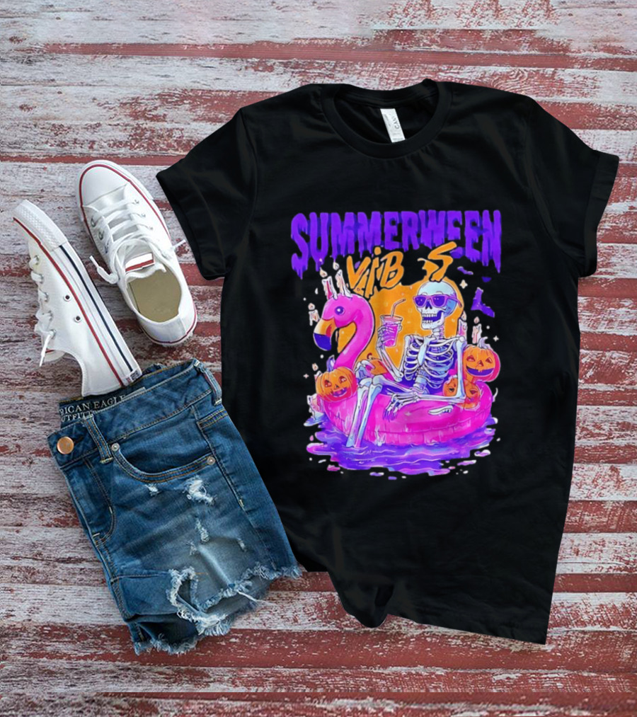 Summerween Vibes Skeleton On Flamingo With Pumpkins T-Shirt