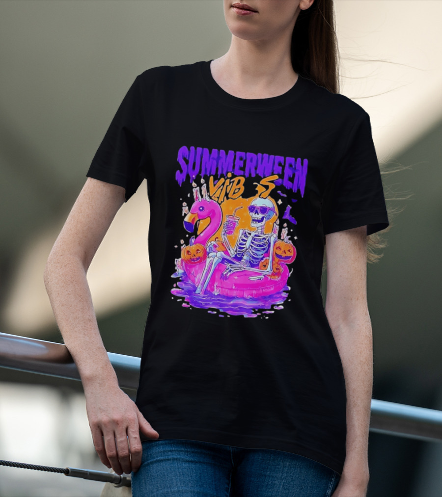 Summerween Vibes Skeleton On Flamingo With Pumpkins T-Shirt
