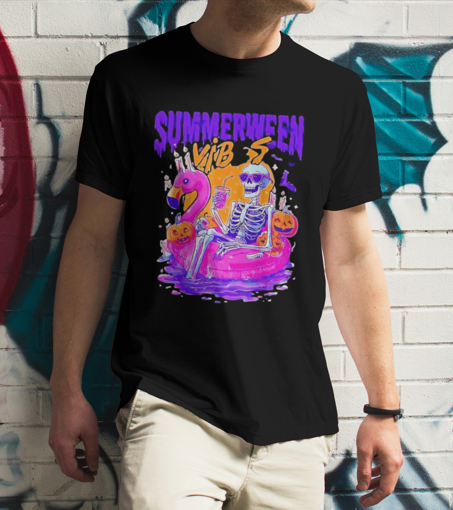 Summerween Vibes Skeleton On Flamingo With Pumpkins T-Shirt