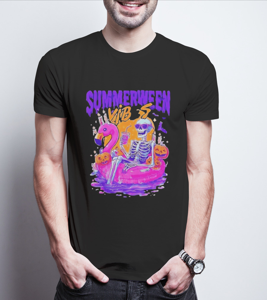 Summerween Vibes Skeleton On Flamingo With Pumpkins T-Shirt