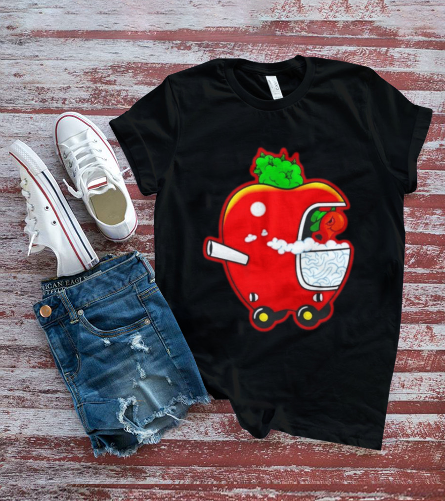 Smokey Worm Apple Cartoon Red Apple With Smoke And Wheels T-Shirt