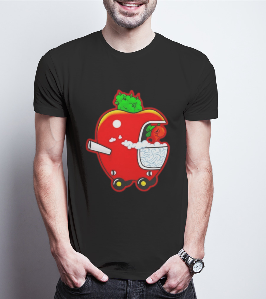 Smokey Worm Apple Cartoon Red Apple With Smoke And Wheels T-Shirt