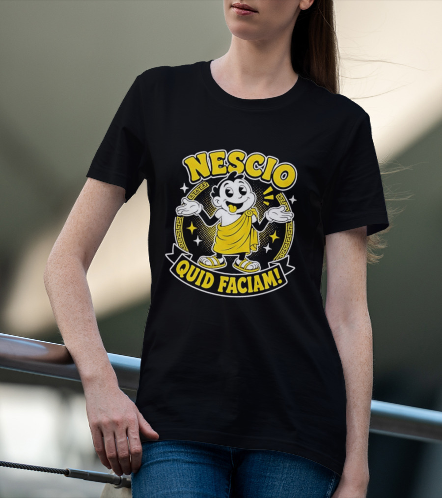 Nescio Quid Faciam Cartoon Ancient Roman Character Greek Key Border T-Shirt