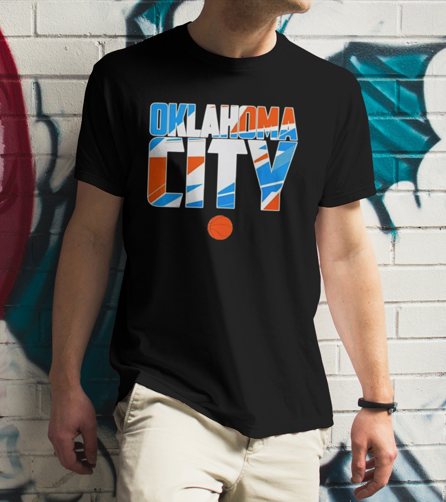 Oklahoma City Basketball Pride Colorful Lettering With Orange Basketball T-Shirt