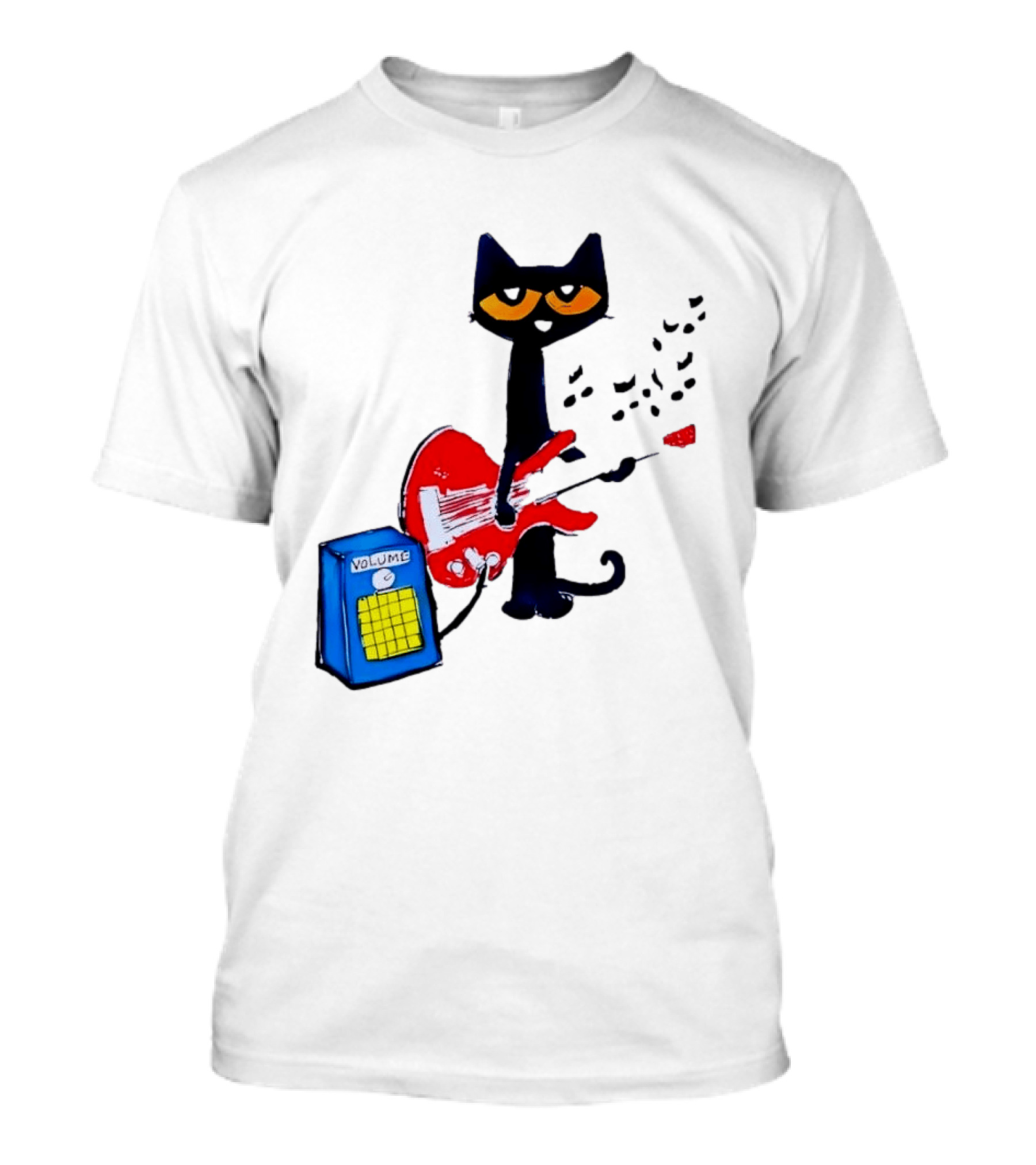 Pete The Cat Playing Red Guitar With Volume Amplifier Music Notes T-Shirt