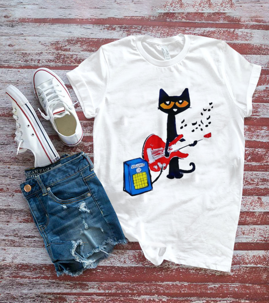 Pete The Cat Playing Red Guitar With Volume Amplifier Music Notes T-Shirt