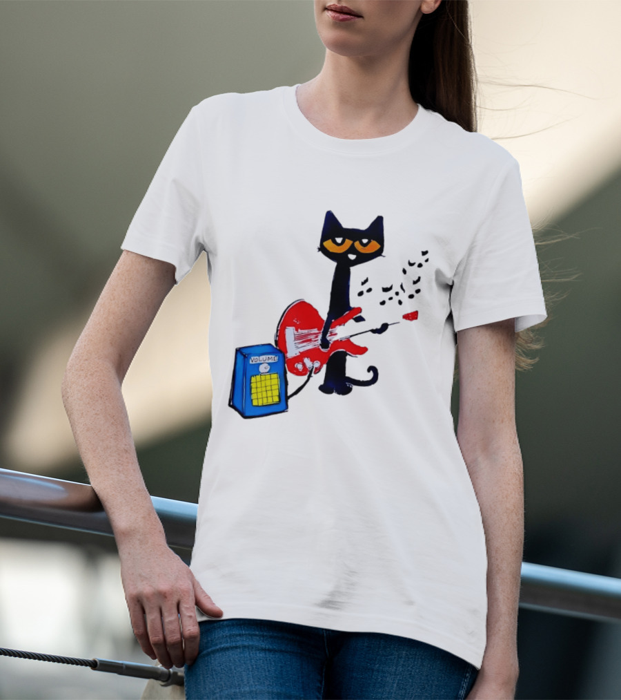 Pete The Cat Playing Red Guitar With Volume Amplifier Music Notes T-Shirt