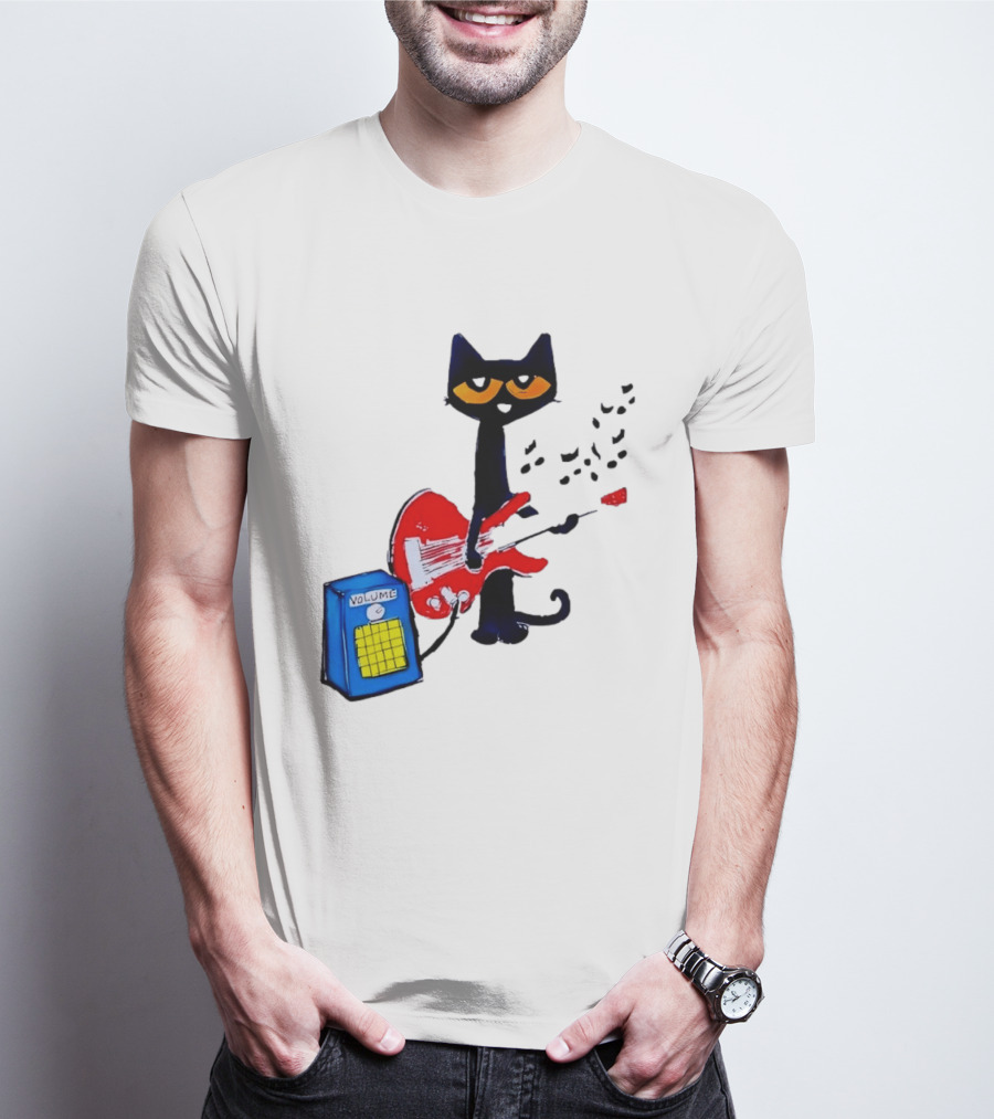 Pete The Cat Playing Red Guitar With Volume Amplifier Music Notes T-Shirt